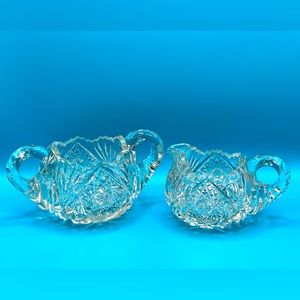 VTG American Brilliant Style Cut Glass Set Creamer & Sugar Bowl Saw Tooth Edges